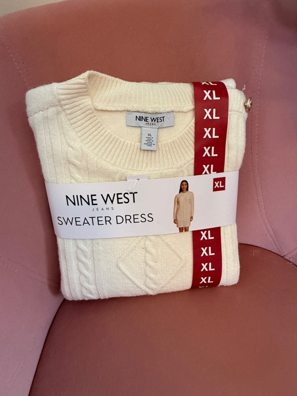 Nine West Cream Cable-Knit Crew Neck Sweater Dress